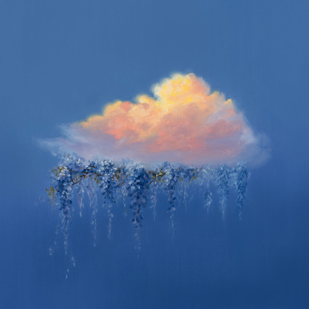 A painting of a glowing cloud with warm yellow, orange, and white tones, with blue flower-like droplets hanging below, set against a blue sky background.