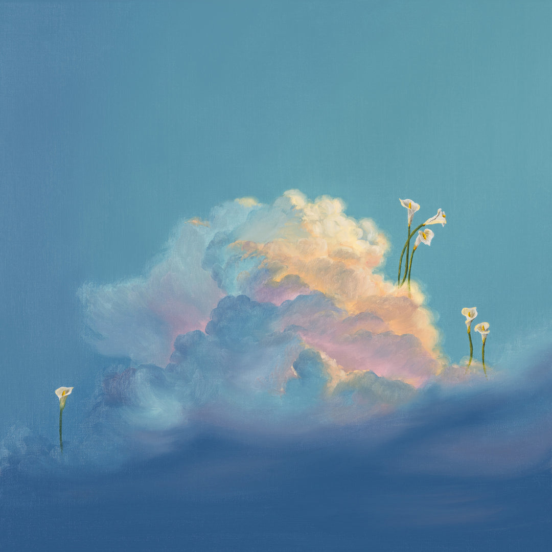 A painting of a soft blue sky with a glowing cloud in the center and calla lily, lit by warm peach and pink light, with several small white flowers rising from it.