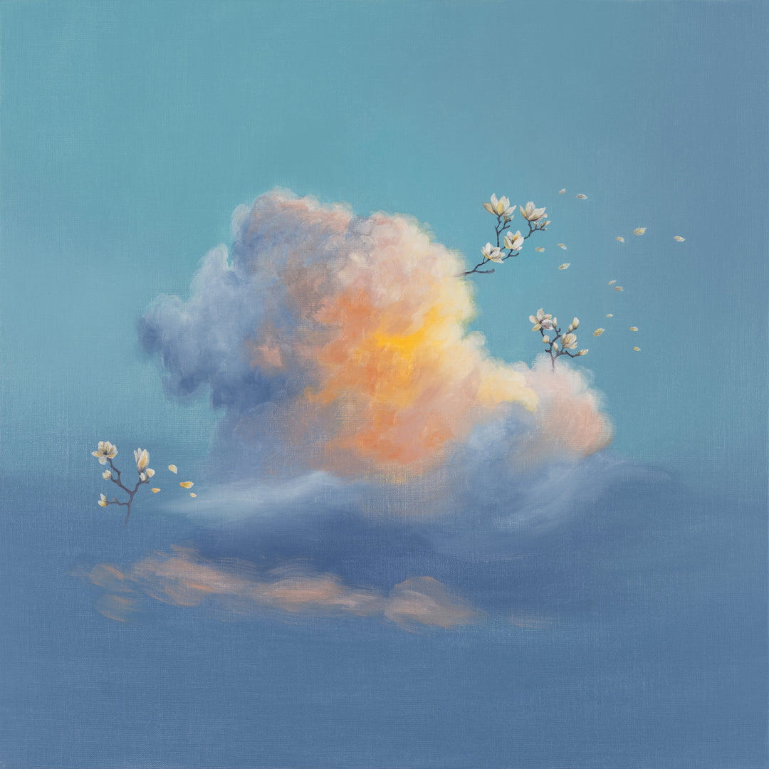 A canvas painting depicting a soft blue sky with a glowing cloud formation in the center, accented by delicate white magnolias on thin branches.