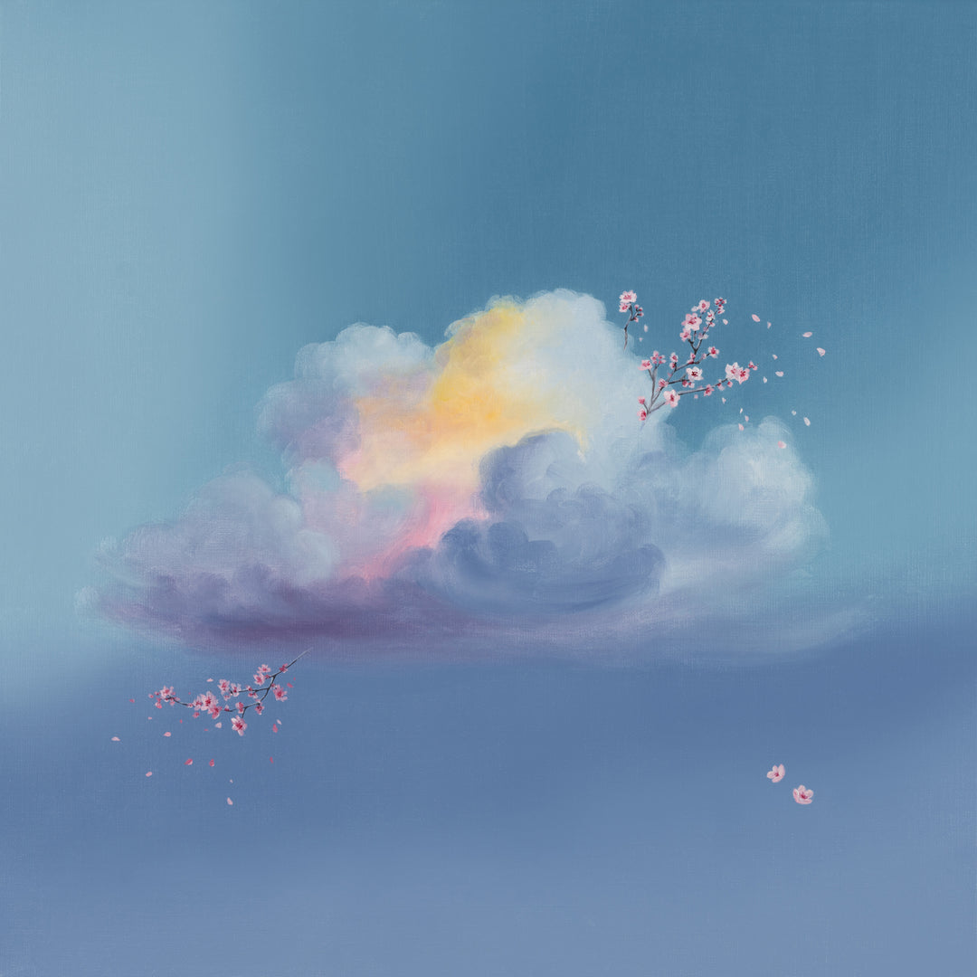 A soft pastel painting of a cloud in shades of blue, gray, white, and yellow, with pink cherry blossom branches and petals around it against a blue sky.