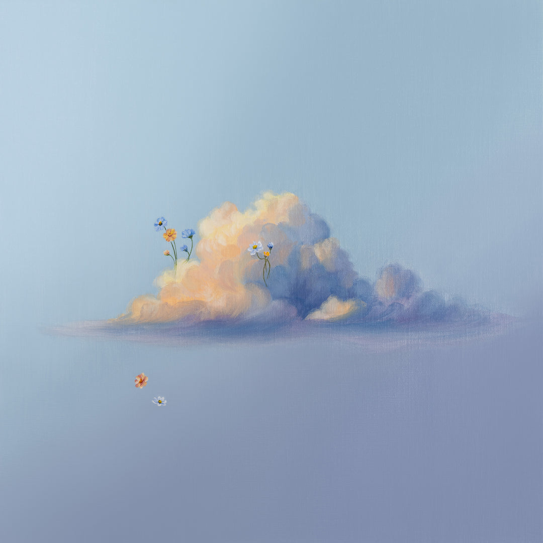 A soft pastel painting of a small cloud formation with tiny flowers floating around it, set against a pale blue sky.